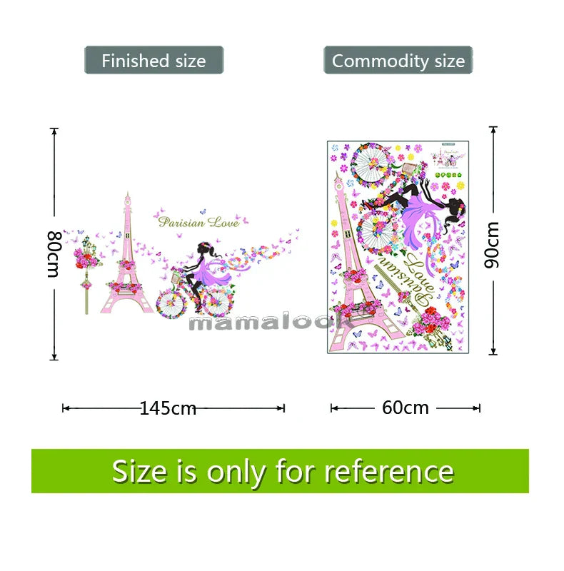 ملصق حائط رومانسي لغرف الأطفال على شكل برج إيفل وزهرة وفراشة وفتاة خرافية وركوب الخيل ملصق فني لديكور المنزل