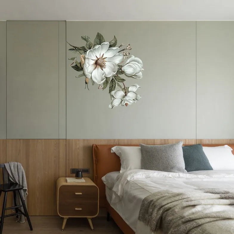 ملصق حائط زهور QC115 من Three Ratels بتصميم كلاسيكي من الماغنوليا لتزيين المنزل وملصق حائط فني لغرفة النوم